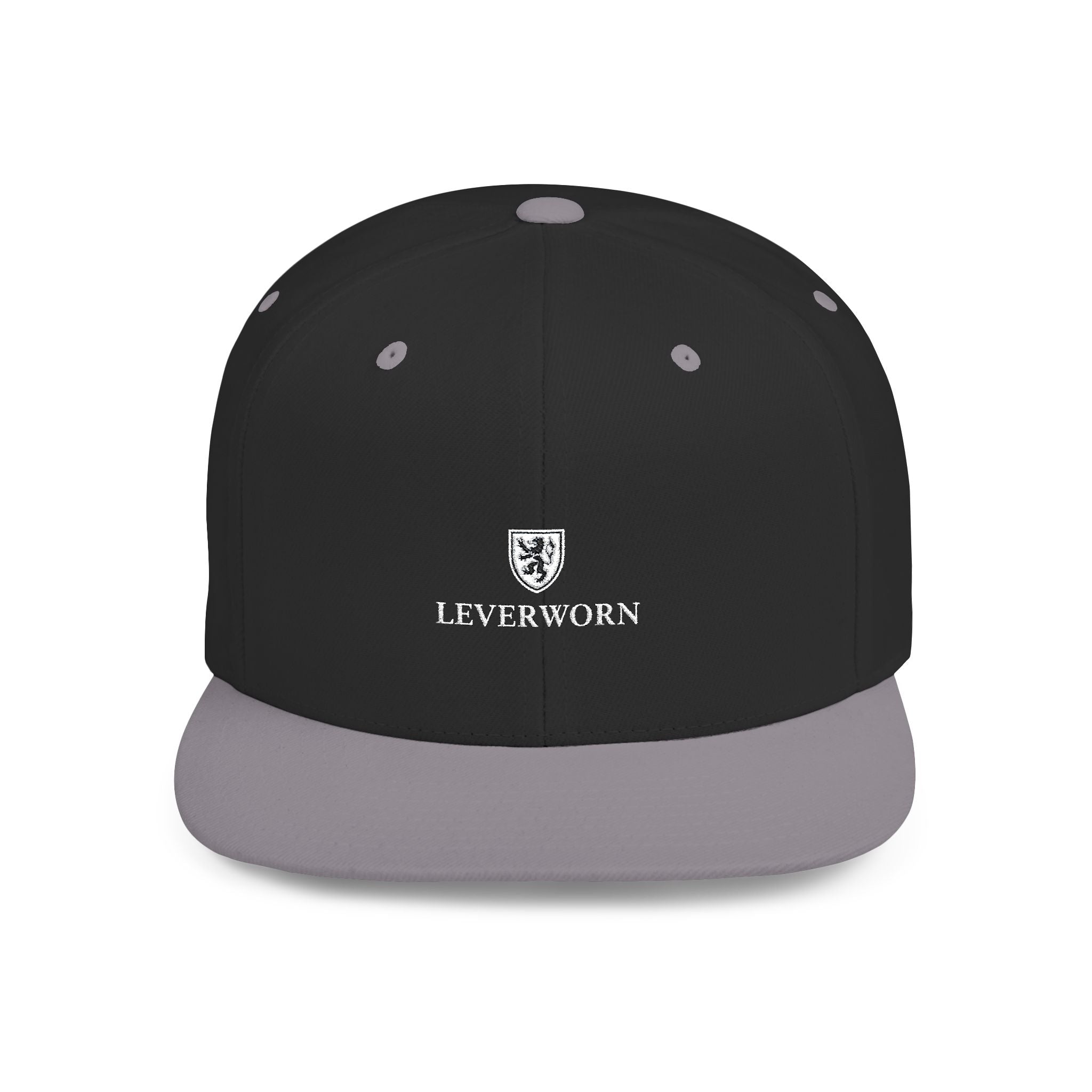 Flat Bill Snapback Hat — Leverworn Crest Embroidered Snapback Printify