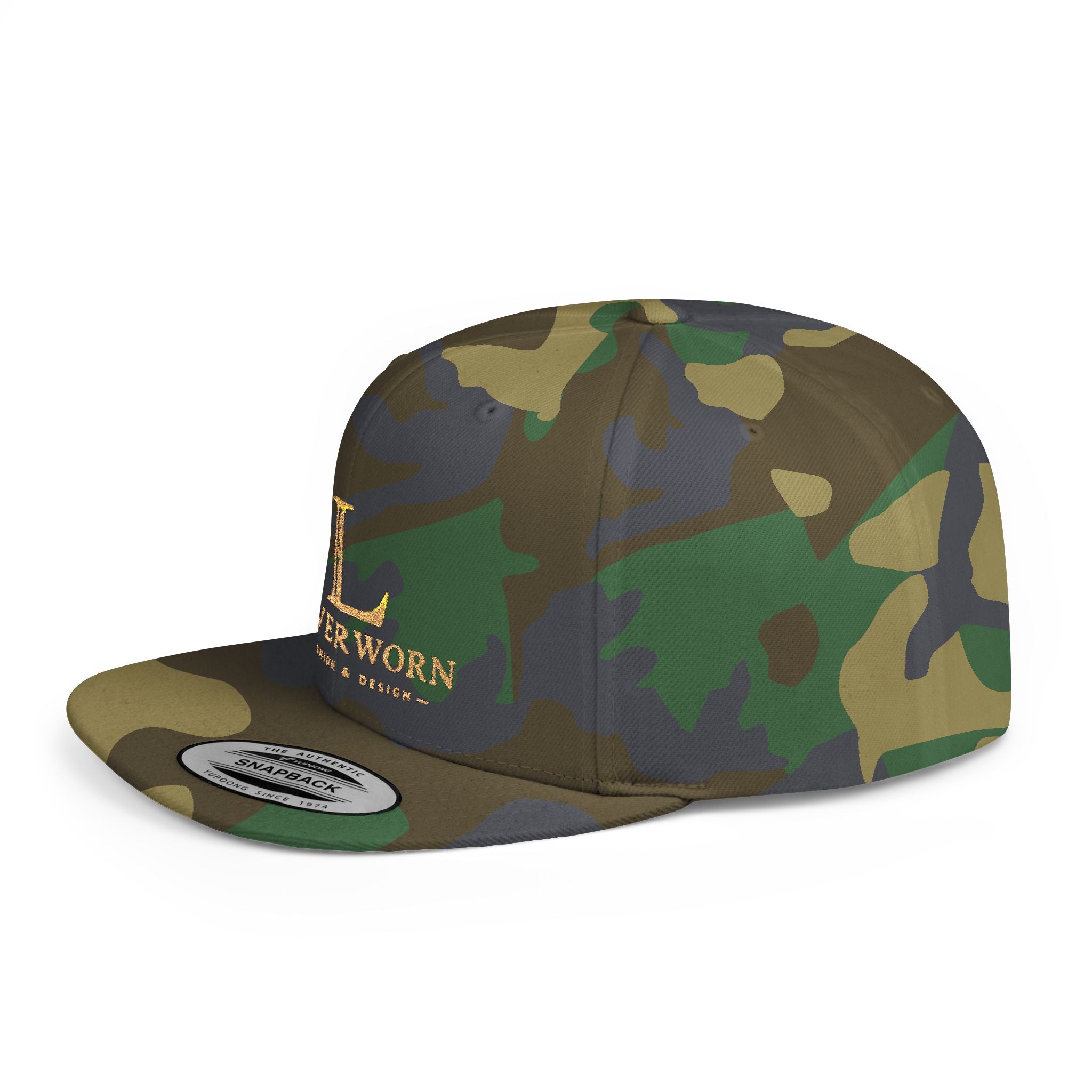 Snapback Hat — 'L' Gold Logo Leverworn Flat Bill Cap